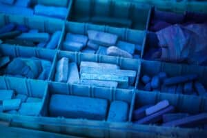 Box of assorted blue chalk pastels in compartments.