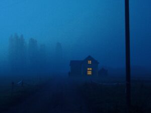 House with illuminated windows in a foggy, blue-tinged landscape at night.