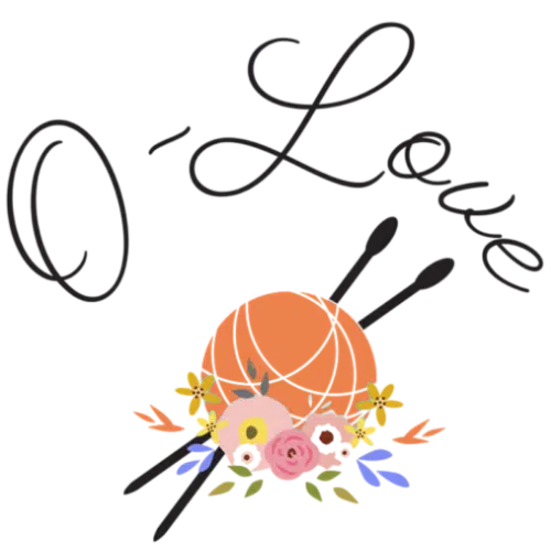 Knitting theme design with "O'Love," yarn ball, knitting needles, and floral accents.