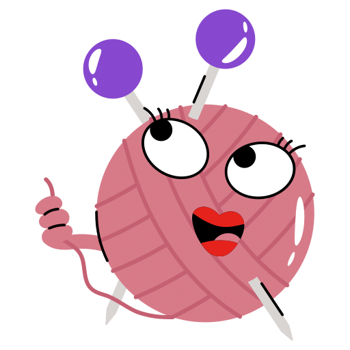 Cartoon pink yarn ball with eyes, mouth, and knitting needles.