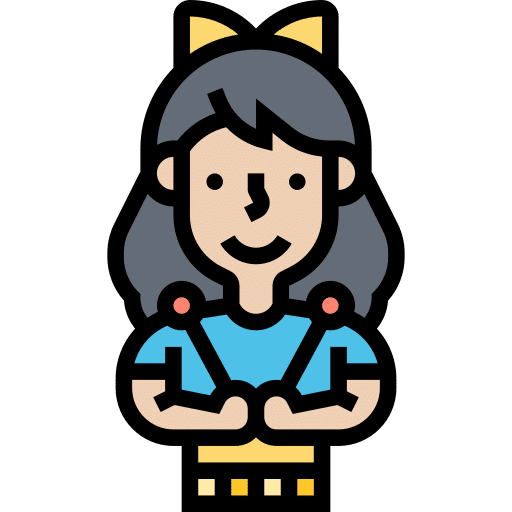 Illustration of a woman knitting with blue outfit and yellow bow.